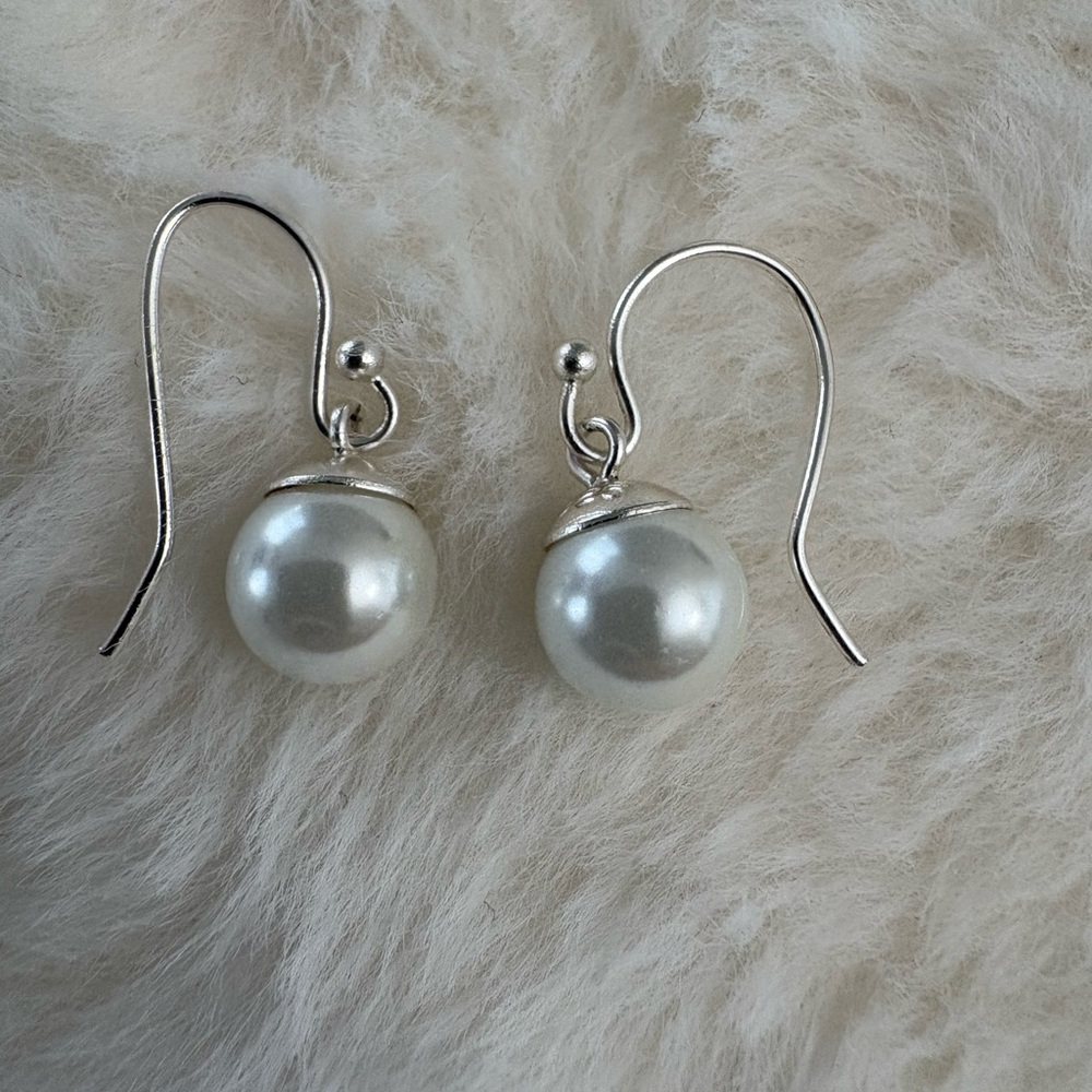 Classic Sterling Silver Pearl Drop Earrings - White Faux Pearl